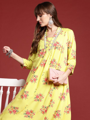 Indo Era Women Printed A-line Kurta(Yellow)
