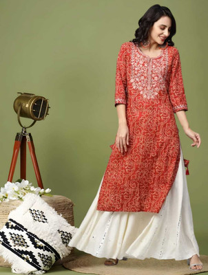 Wawlooks Women Embroidered, Printed Straight Kurta(Red)