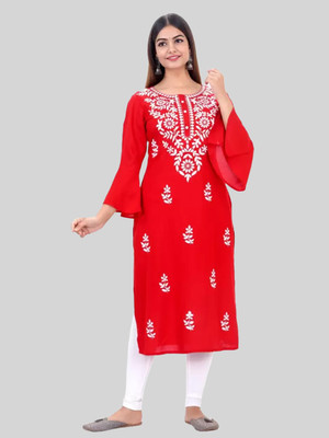 RANGAA NAWAAB Women Chikan Embroidery, Embroidered Straight Kurta(Red)