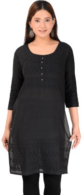 TVESA Women Chikan Embroidery Straight Kurta(Black)