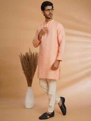 CHIRASVI Men Embroidered Straight Kurta(Pink)