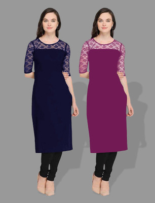 maaheshvi Women Self Design Straight Kurta(Purple, Blue)