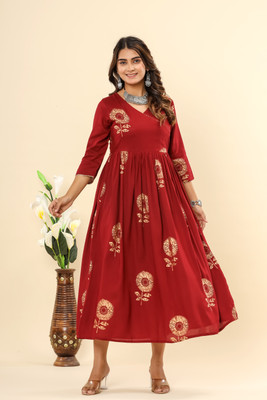 Shedika Women Printed Anarkali Kurta(Maroon)