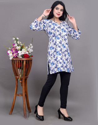 SARIMTEXTILE Women Printed Straight Kurta(Blue)