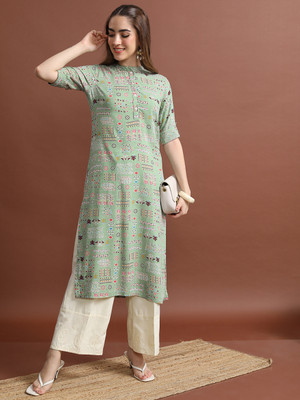 Vishudh Women Printed Straight Kurta(Green)