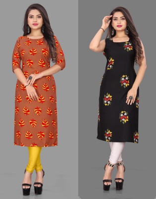 maruti fab Women Printed Straight Kurta(Black, Orange)