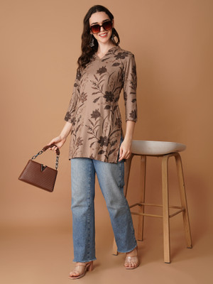 RUVII Women Floral Print Straight Kurta(Brown)