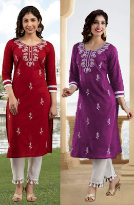 SISTO Women Chikan Embroidery A-line Kurta(Red, Purple)