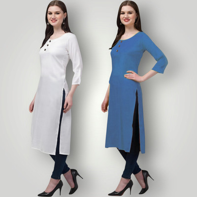 Coft Women Solid Straight Kurta(White, Blue)