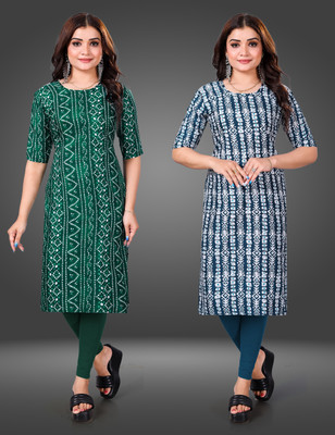 MOBHISA Women Printed Straight Kurta(Light Blue)