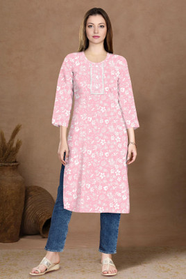 AFKINZA Women Floral Print A-line Kurta(Pink)