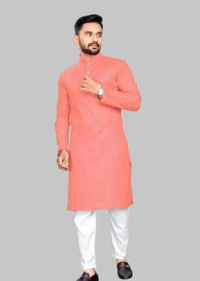 Shivgarmets Men Striped, Solid A-line Kurta(Pink)