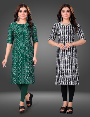 MOBHISA Women Printed Straight Kurta(Black)