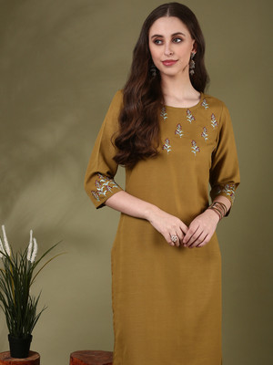 ANOUK Women Embroidered Straight Kurta(Green)