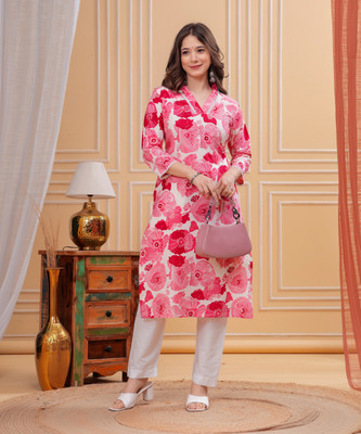 Deepyog Women Printed Straight Kurta(Pink)