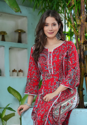 KJFAB Women Printed Straight Kurta(Red)
