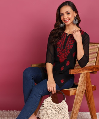 TOP N THREAD Women Chikan Embroidery, Embroidered, Self Design A-line Kurta(Black)