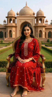 LIBAS Women Embroidered Straight Kurta(Maroon)