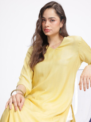 Anouk Rustic Women Solid Straight Kurta(Yellow)