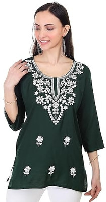 Jaimanic Women Chikan Embroidery Cape Top Kurta(Dark Green)