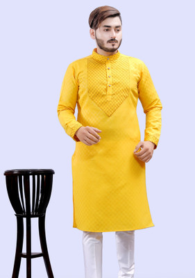 Tibra Collection Men Embroidered Straight Kurta(Yellow)