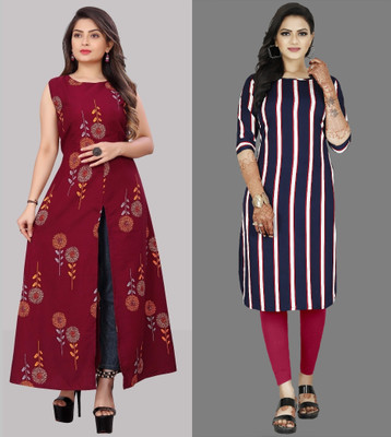 maruti fab Women Striped A-line Kurta(Maroon, Purple)
