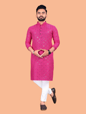 Shantam Creation Men Embellished Straight Kurta(Pink)