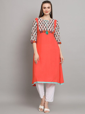 all about you Women Printed A-line Kurta(Orange)