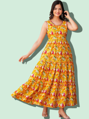 Khwaish Women Printed Anarkali Kurta(Yellow)