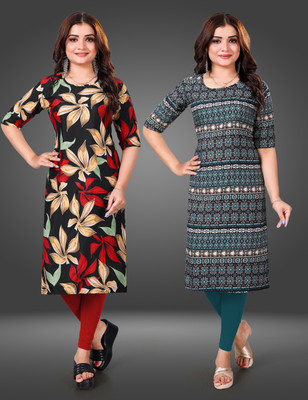MOBHISA Women Printed Straight Kurta(Light Blue)