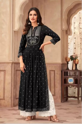 RAV CREATION Women Printed Anarkali Kurta(Black)