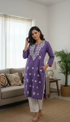 Fashionkart Women Embroidered, Embellished, Chikan Embroidery Straight Kurta(Purple)