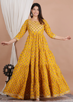 MOLICO Women Floral Print Anarkali Kurta(Yellow)