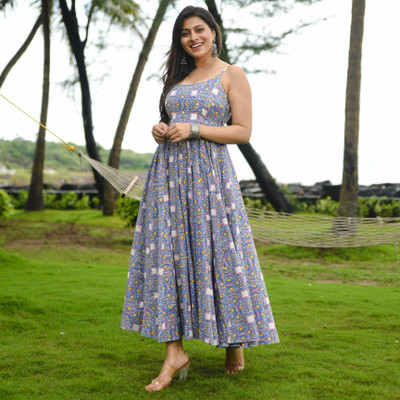 LIAPARO Women Printed Flared Kurta(Blue)