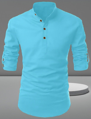 LYPLO Men Solid Straight Kurta(Light Blue)
