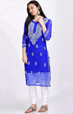 Lucknowi Trychikankari Women Chikan Embroidery A-line Kurta(Blue)