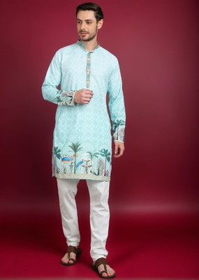 TRANDTIDE Men Printed Straight Kurta(Light Blue)