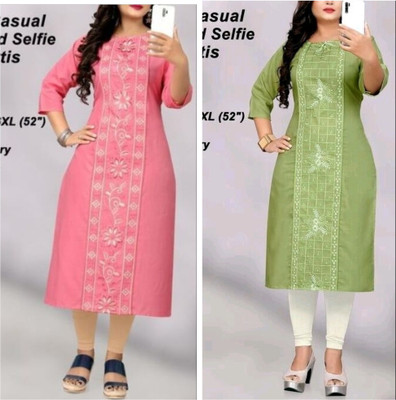 Ladylaz Women Embroidered Straight Kurta(Pink, Light Green)
