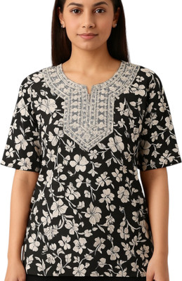 PPThreads Women Floral Print Straight Kurta(Black, White)
