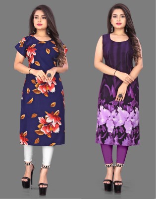 Modli 20 Fashion Women Floral Print Straight Kurta(Blue, Purple)
