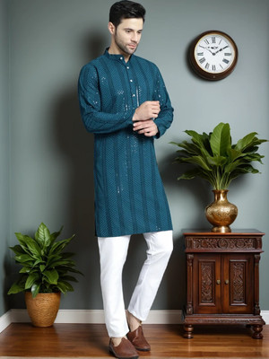 TRANDTIDE Men Embroidered Straight Kurta(Light Blue)
