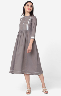 Fourleaf Women Self Design Flared Kurta(Grey)