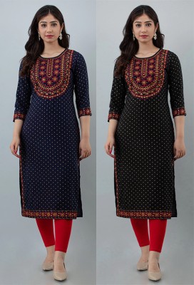 anushansa Women Printed Straight Kurta(Black, Dark Blue, White)