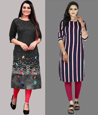 tanvi creation Women Striped Straight Kurta(Grey, Purple)