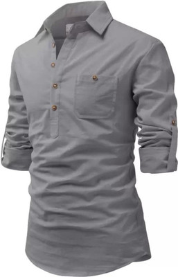 Life Roads Men Solid Straight Kurta(Grey)