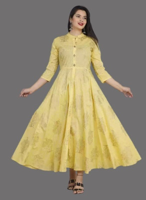 aachhoo Women Printed Flared Kurta(Yellow, Gold)