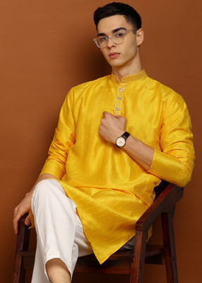 FUBAR Men Embroidered Straight Kurta(Yellow)
