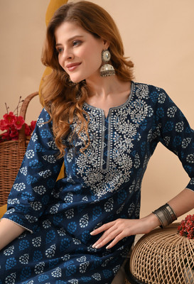 KJFAB Women Embroidered Straight Kurta(Dark Blue)