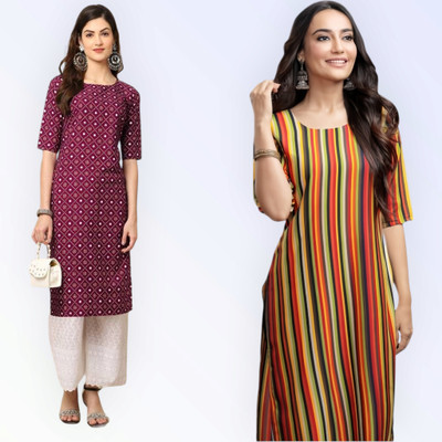 KAUTAQI Women Printed, Striped Straight Kurta(Multicolor)