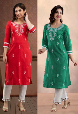 vikshi Women Chikan Embroidery Straight Kurta(Multicolor)